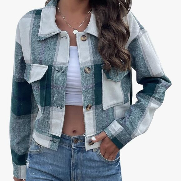 Plaid cropped shacket - green, blue, grey, white - Picture 5 of 5
